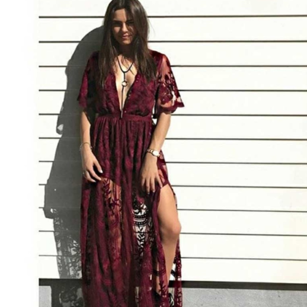 Luxe plunging Neck Lace scallop Sleeve formal Party wedding Maxi Dress - Picture 3 of 9